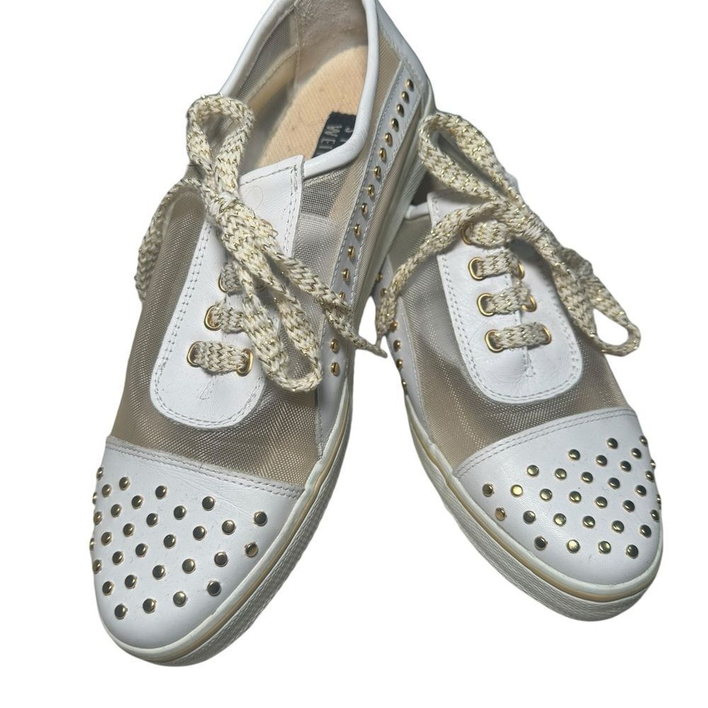 Stuart Weitzman White Mesh Bedazzled Unique Gold Studded‎ Sneakers